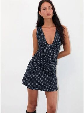 Luscian Plunge Mini Dress In Micro Polka Navy